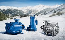 KSB pumps and valves set against ski tracks and mountains